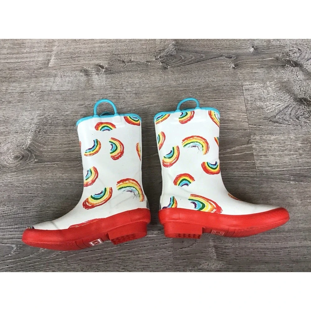 L.L. Bean Girls Youth Rainbow Non-Slip Rain Boots Size 13 Red White Multicolor
